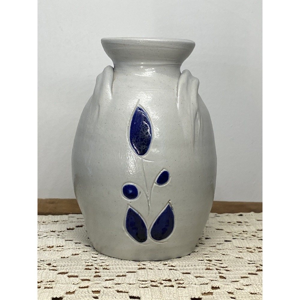Salt Glazed Pottery Small Jug Handled Vase Blue Cobalt Leaves Williamsburg VTG